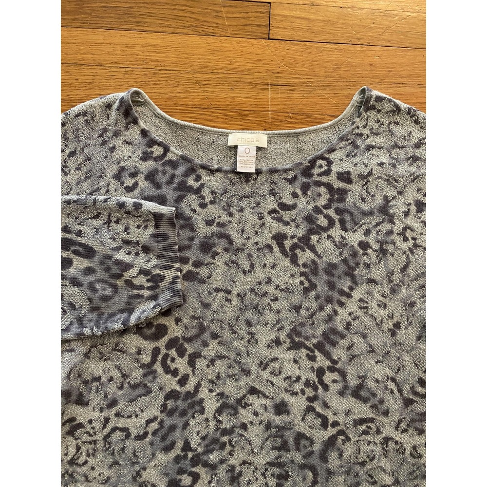 Chicos Sweater‎ Womens XS 0 Silver Metallic Animal Print Pullover Lightweight
